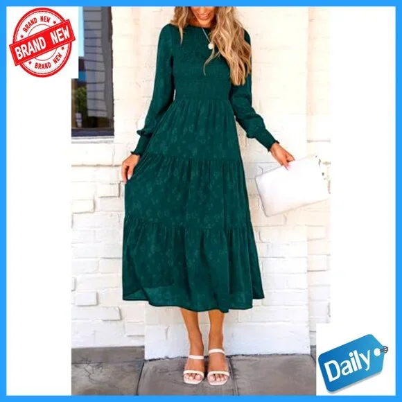 Floral Midi Dress Long Sleeve Smocked Elegant Wedding Guest Flowy with Pockets